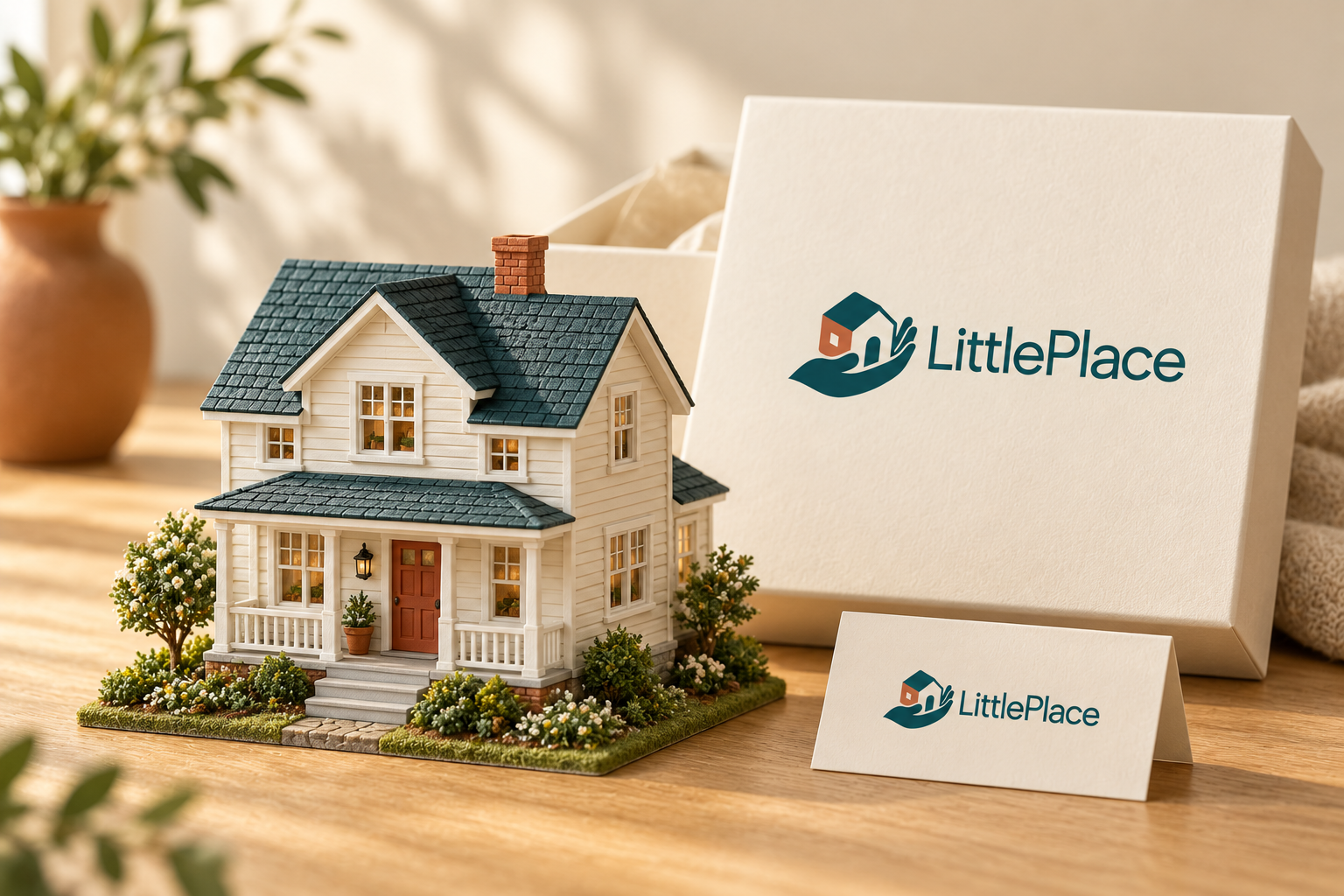 Illustrative cream cottage miniature beside LittlePlace gift packaging in warm daylight.